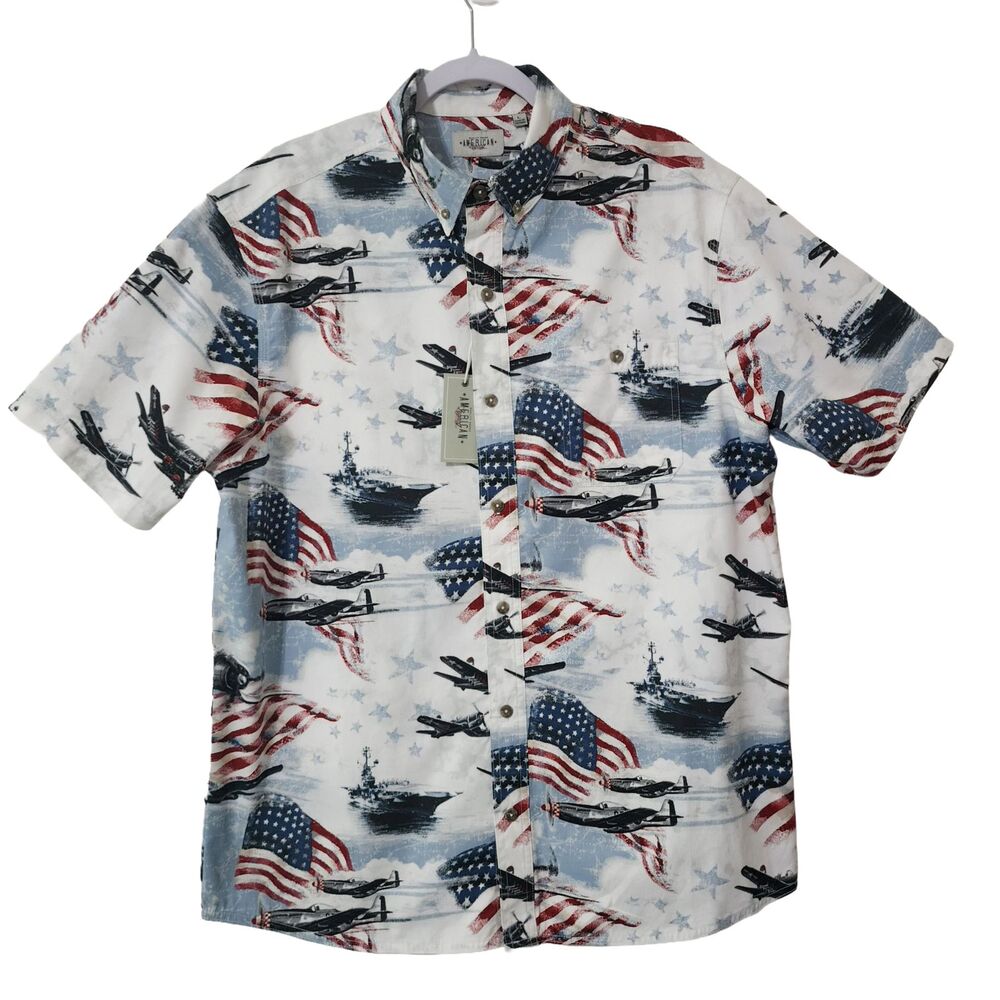 American Legacy Men L Patriotic Navy Ships Fighter Planes US Flags Shirt EUC Tag